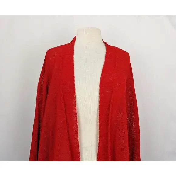 Eileen Fisher Cardigan Sweater Red Linen Blend Open Front Misses Size L - Picture 2 of 7